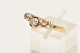 A THREE STONE MODIFIED RING, a 9ct gold wishbone ring, with later added diamond set white and yellow