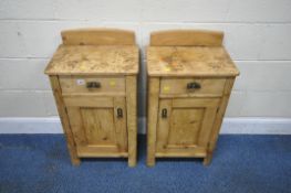 AN OPPOSING PAIR OF SCUMBLED PINE BEDSIDE CABINETS, with a later raised back, a single drawer and