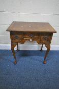 A REPRODUCTION GEORGIAN STYLE BURR ELM LOWBOY, with oak cross banding, three frieze drawers, a