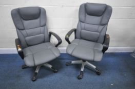 A PAIR OF GREY LEATHER SWIVEL OFFICE CHAIRS, width 68cm x depth 69cm x maximum height 114cm x
