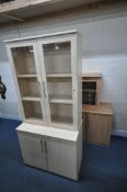 THREE MODERN CABINETS, one with double glass doors and double cupboard doors, width 90cm x depth