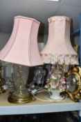 A GROUP OF TABLE LAMPS AND SUNDRIES, to include a cut crystal lamp with pink lamp shade, a floral