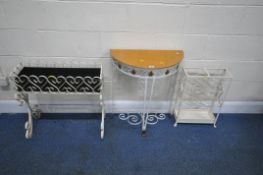 THREE PIECES OF WHITE PAINTED METAL OCCASIONAL FURNITURE, to include a demi-lune side table, width