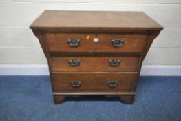 AN EARLY 2OTH CENTURY OAK CHEST OF THREE DRAWERS, raised on bracket feet, width 92cm x depth 46cm