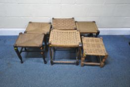 SIX RUSH SEATED STOOLS, varying in shape, size, style, timbers, other wear and usage, largest