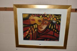 PASCALE BIGOT (FRENCH CONTEMPORARY) THE MASK, a portrait of a female figure holding a Venetian style