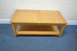 A MODERN LIGHT OAK TWO TIER COFFEE TABLE, width 110cm x depth 55cm x height 46cm, condition