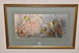 ROBIN GIBBARD (1930-2014) 'SISKINS IN WINTER', three Eurasian Siskins are perched on autumnal