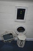 A WHITE PAINTED METAL WALL MIRROR, 74cm x 63cm, two white painted wicker mirrors, along with a