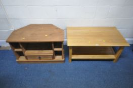 A MODERN LIGHT OAK TWO TIER COFFEE TABLE, width 92cm x depth 54cm x height 46cm, along with a pine