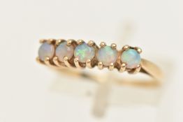 A 9CT GOLD OPAL SET HALF ETERNITY RING, set with five opal cabochons, each in a claw setting to