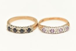 TWO 9CT GOLD RINGS, the first an amethyst and diamond set band ring, hallmarked 9ct London, ring