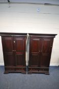 JB GLOBAL, A PAIR OF MODERN STAINED DOUBLE DOOR WARDROBES / HOUSEKEEPERS CUPBOARDS, with two