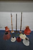 THREE STANDARD LAMPS, tallest height to fitting, 169cm, along with thirteen various shades,