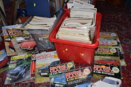 FIVE BOXES AND LOOSE ASSORTED MAGAZINES, BOOKS, ETC to include three boxes of mostly motoring