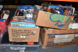 SIX BOXES OF VINTAGE MISCELLANEOUS, to include a Matsui VHS player and a box of VHS tapes,