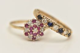 TWO 9CT GOLD GEM SET RINGS, the first a half eternity band set with blue sapphires and cubic
