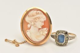 A SMALL YELLOW METAL CAMEO BROOCH AND A RING, the carved shell depicting a lady in profile, collet