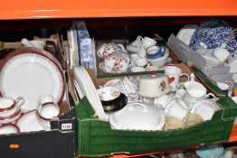 FIVE BOXES AND LOOSE CERAMICS, to include part dinner sets, homeware, cooking pots, large
