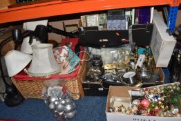 SIX BOXES AND LOOSE OF MISCELLANEOUS SUNDRIES, to include tins with haberdashery items, postcards,