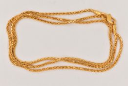 A YELLOW METAL CHAIN, a foxtail chain, fitted with an S link clasp, approximate length 455mm,
