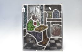 A BELGIAN STAINED GLASS PANEL of rectangular form and leaded bands, depicting an elderly woman