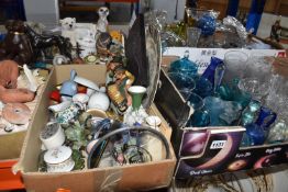 FIVE BOXES OF ASSORTED GLASS AND DECORATIVE ITEMS to include a box of assorted shells, a ceramic hot