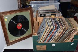 A BOX, TWO BASKETS AND LOOSE RECORDS, approximately two hundred and fifty LPs and 12'' singles, by