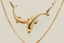 YELLOW METAL DOLPHIN NECKLACE, designed as two dolphins, one with a high polish finish and the other