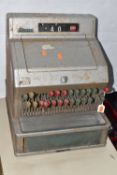 VINTAGE GROSS CASH REGISTER, likely mid to late 20th century, painted grey, with the key and plastic