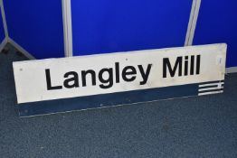 A VINTAGE METAL BRITISH RAILWAY STATION SIGN, featuring the name Langley Mill in black font and blue