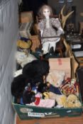 A BOX OF TEDDIES AND DOLLS to include a boxed Steiff replica 'Rolly Polly Bear 1909' Model No.