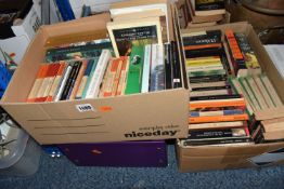 FOUR BOXES OF BOOKS containing approximately 140 PENGUIN titles in paperback format subjects include