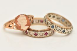 THREE GEM SET RINGS, to include a bi colour band ring set with red and colourless spinel,