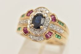 A 9CT GOLD GEM SET RING, designed as a large cluster dress ring, principally set with an oval cut