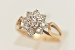 A 9CT GOLD DIAMOND CLUSTER RING, one round brilliant cut diamond and eight single cut diamonds,