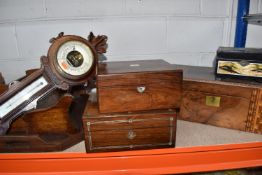 A GROUP OF WOODEN BOXES, ETC, comprising an inlaid writing slope, width 49cm x depth 25cm x height