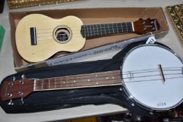 TANGLEWOOD UKULELE AND KMESE BANJO, comprising a Tanglewood Union Series Soprano Ukulele, TU6 -