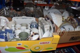 FOUR BOXES OF CERAMICS AND GLASS WARE, to include two Paragon Victoriana Rose trios and a cake