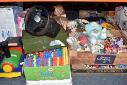 FIVE BOXES AND LOOSE VINTAGE TOYS, to include Tomy multi activity table, wood sit on train, Barbie