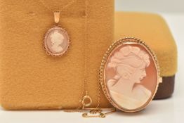 A 9CT GOLD CAMEO BROOCH AND PENDANT, an oval form shell cameo, depicting a female portrait, collet