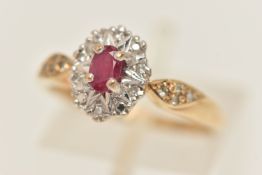 A 9CT GOLD GEM SET CLUSTER RING, designed as a principally set oval cut ruby, prong set with a
