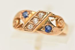 A LATE 19TH CENTURY 18CT GOLD RING, a yellow gold band ring, set with three old cut diamonds and two