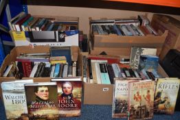 SIX BOXES OF BOOKS, approximately one hundred and twenty titles hardback and paperback format,