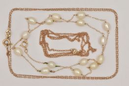 THREE CHAIN NECKLACES, the first set with cultured baroque pearls, on a fine trace chain with spring
