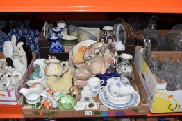 FIVE BOXES AND LOOSE CERAMIC AND GLASS, to include Royal Doulton 'Eton College' blue and white tea