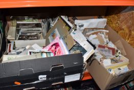 FOUR BOXES AND LOOSE POSTCARDS, STAMPS AND OTHER EPHEMERA, to include a collection of mainly mid