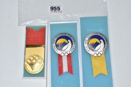 Three IOC SESSION BADGES, two 107th Session Nagano 1998, white metal and enamel, one with a yellow