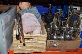 A BOX OF SILVER PLATED ITEMS AND A VINTAGE DOLL, to include goblets, stemmed wine cups, trophy,