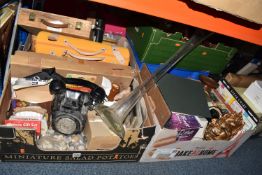 SIX BOXES AND LOOSE MISCELLANEOUS ITEMS, to include a large glass vase, height 7cm, a wall mountable